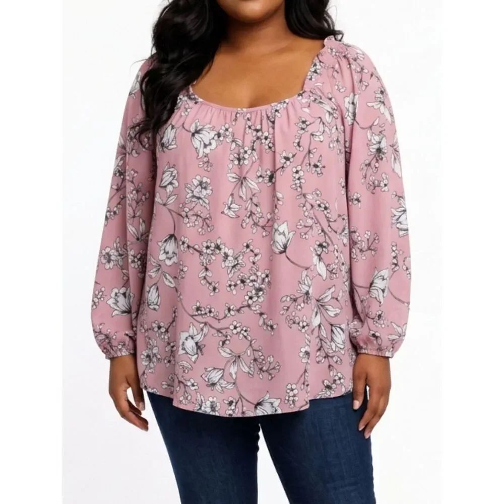 Adrienne Vittadini Rose Floral 3/4 Puffy Sleeve Ruffle Shoulder Chiffon Blouse